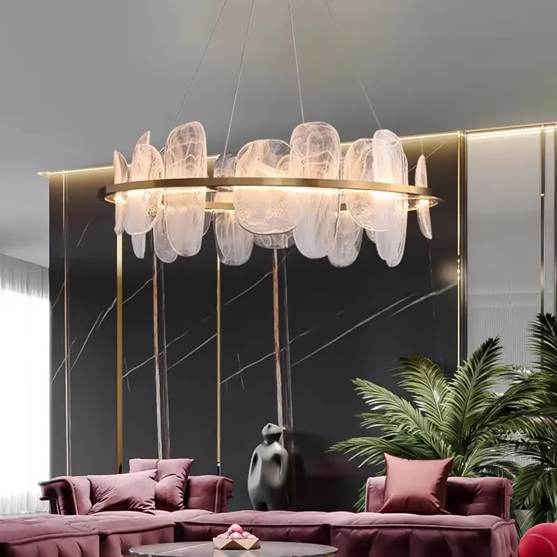 

Luxury Gold Ring 40/60/80/100cm Chandelier Cloud Glass Adjustable Ceiling Pendant Light Dimmable Living Room Dining Room Fixture