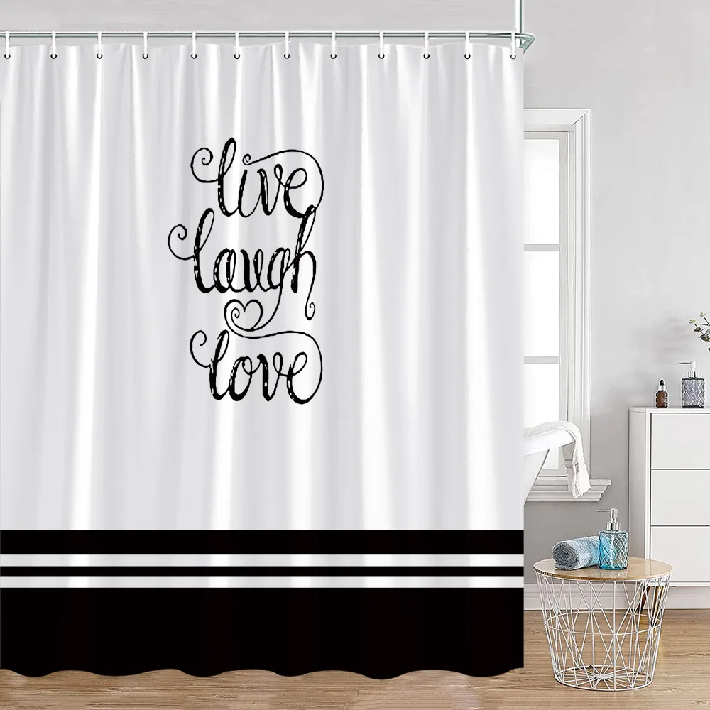 Live Laugh Love Shower Curtain Motivational Words Tropical Leaves Glamour Black White Stripes Bathroom Decorations Bath Curtain