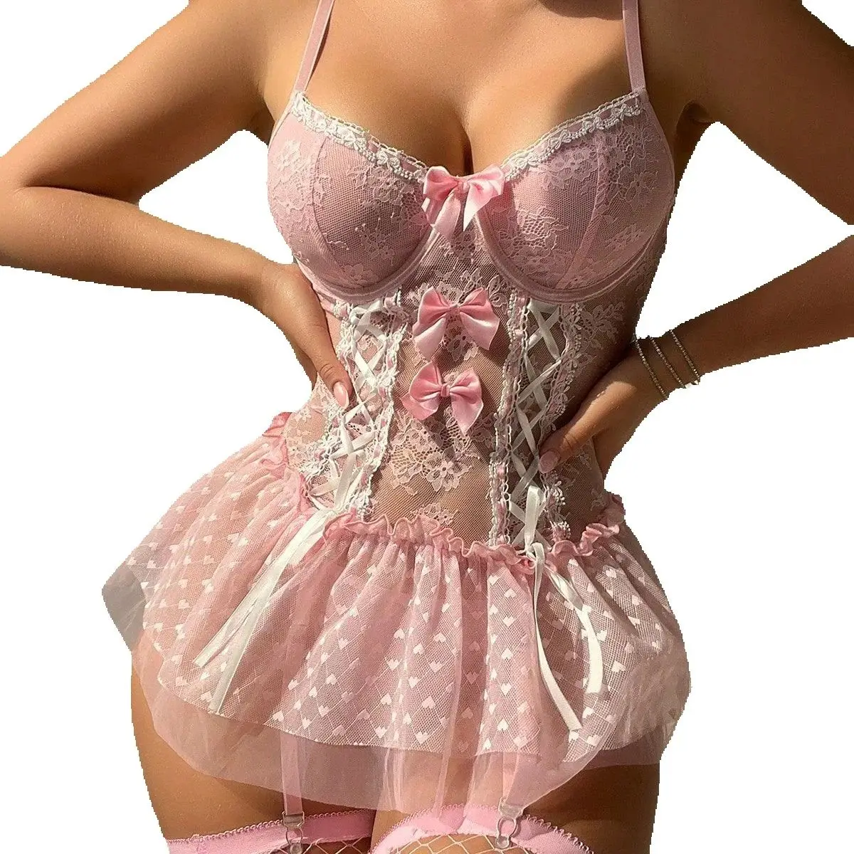 Cosplay Uniform Push Up Underwire Bra Lingerie Set Sheer Lace Costumes Sexy Nightgown Fancy Outfit Transparent  Miniskirt
