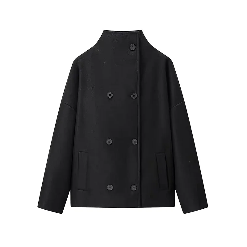 Damska kurtka 2025 zima nowa jednolita kolorystyka długi rękaw dwurzędowa stójka prosty krótki płaszcz stylowy i modny