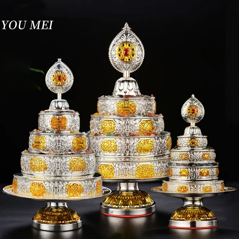 

1Set Buddhism Manza Plate,Multiple sizes Engraving Auspicious Contains Gems Alloy 4 Layer Tibetan Altars Tray,Buddhist Item