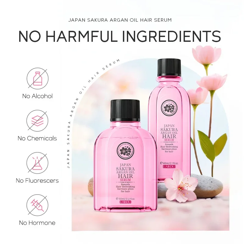 LAIKOU Japan Sakura Argan Hair Serum 100ml Anti Frizz Smooth Gloss Repair Dry Split Ends Light Scent Care Oil For Damaged Hair