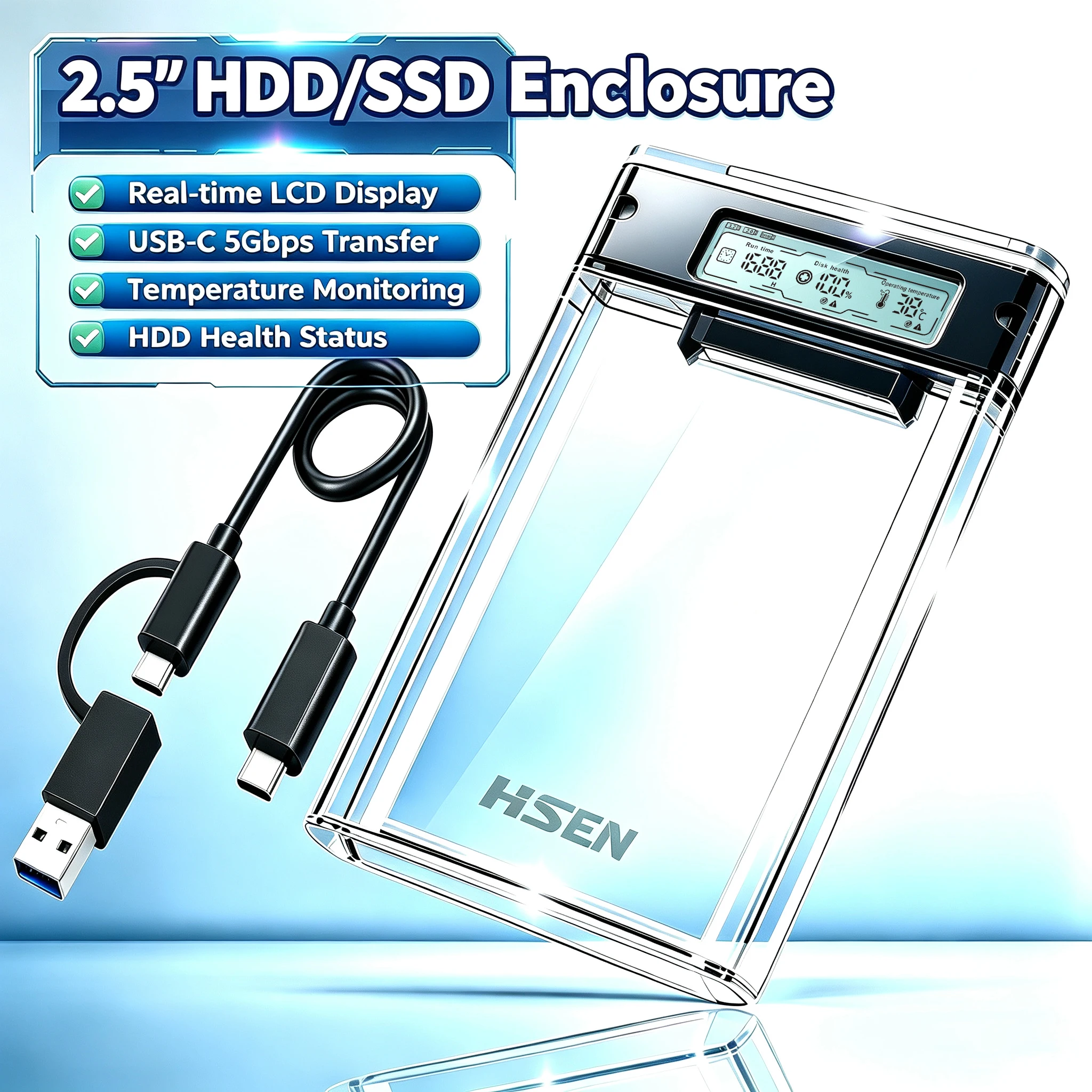 USB 3.0 2.5インチ HDD/SSD エンクロージャ 透明SATAハードドライブケース スマートディスプレイ搭載 リアルタイムハードディスク状態モニタリング