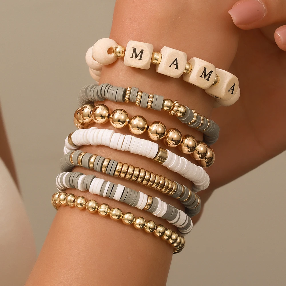 

Vintage Ladies Boho Style Wood Bead Mama String Mother's Day Gift Folded Alphabet Polymer Clay Matching Bracelet Sets Jewelry
