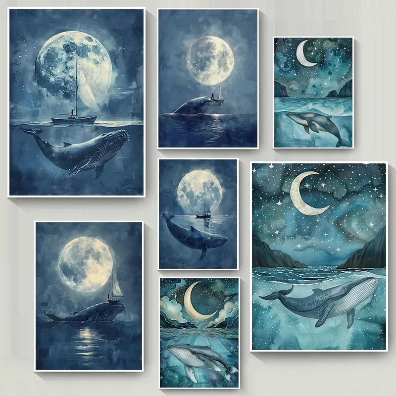 Nordic Moon Night Humpback Whale Shark Fish Sailboat Watercolor Art Poster Canvas Paintings Wall Art Pictures Home Decor