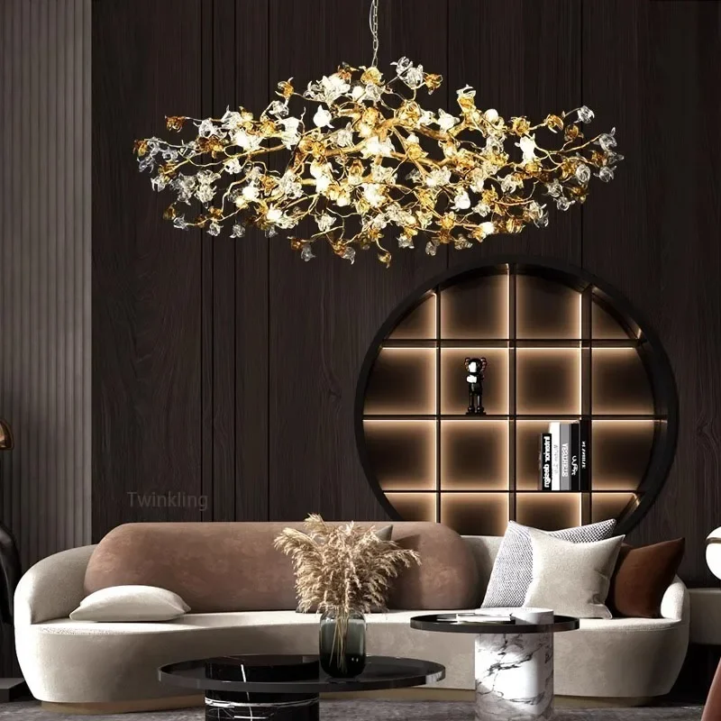 Ceiling Crystal Chandeliers Luxury Villa Designer Crystal Chandelier For Living Room Bar Lamp Flower And Branch Art Tea Room