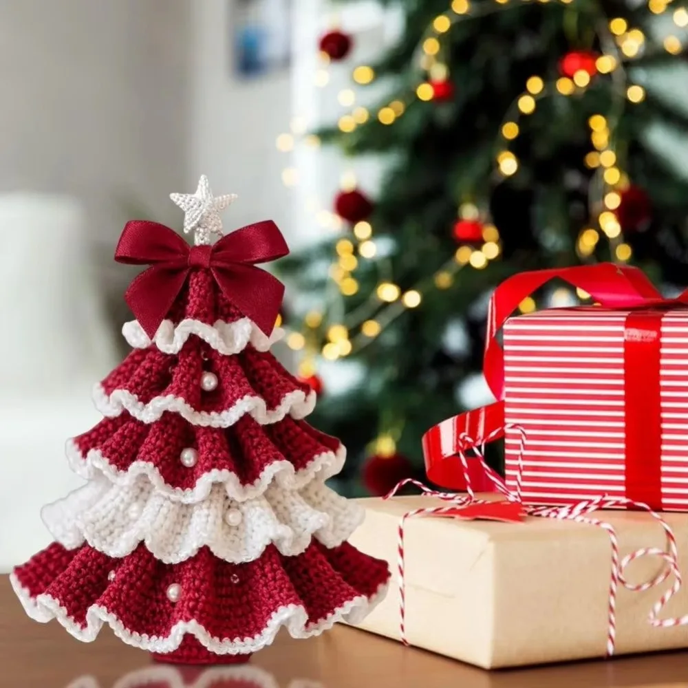 Handmade Crochet Christmas Tree Kit Festival with Bow Faux Pearl Christmas Party Crochet Tabletop Christmas Tree for Beginner