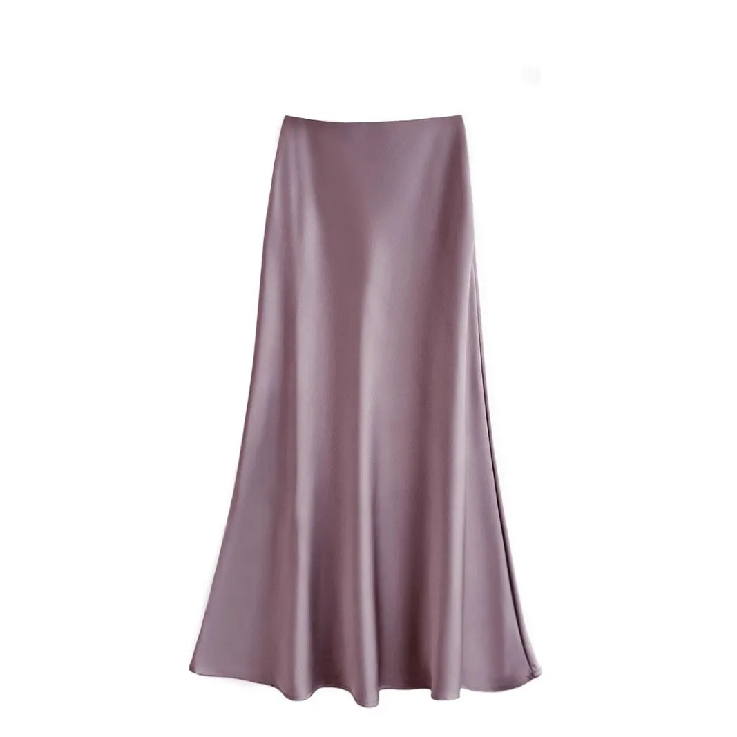 Women's Summer Skirt Long Satin Women's High Waist A Line Solid Color Silk Satin Maxi Skirt Lavender Blush Pink Side Slit