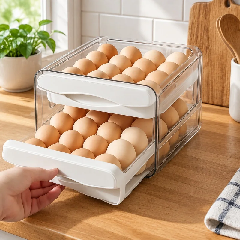 Double-Layer Plastic Egg Storage Container with High Capacity for Kitchen and Fridge Organization