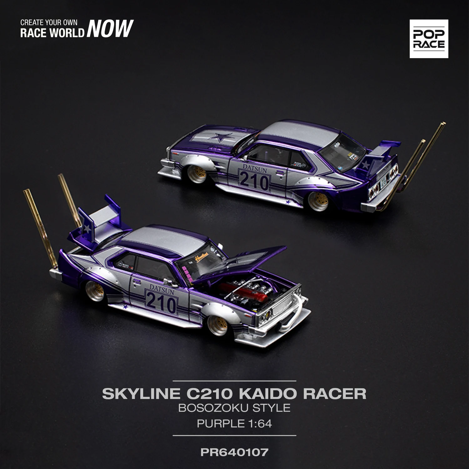 PreSale POP Race 1:64 Skyline MK5 C210 Kaido Racer Bosozoku Chrome Purple Diecast Diorama Model Collection Miniature Toys