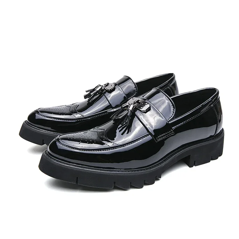 Black Loafers for Men Patent Leather Tassels Round Toe Block Mens Formal Shoes Handmade  Size 38-46 Mens Shoes