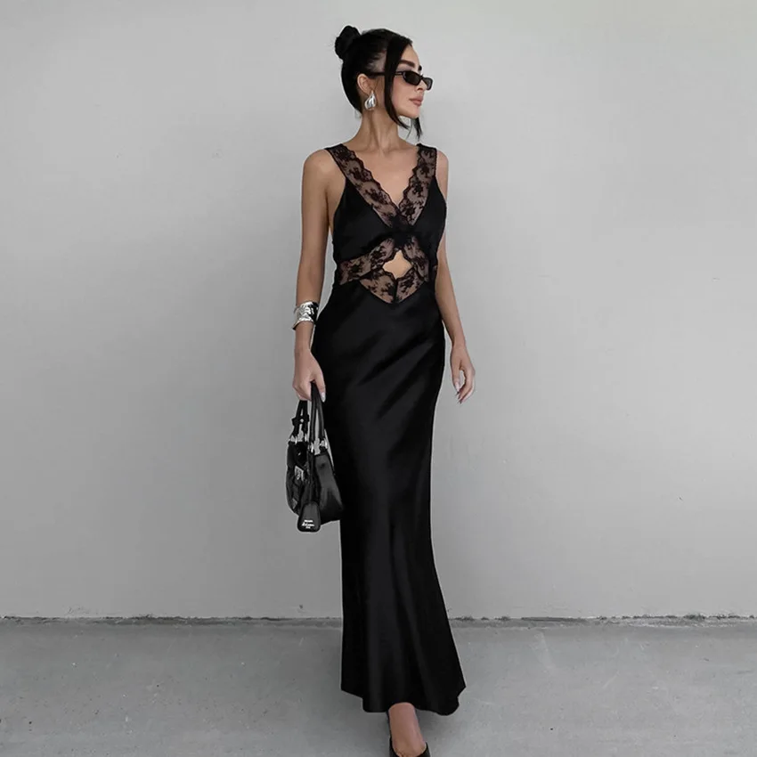 

Women Elegant Fashion Black Lace Stitching Suspender Dress Female Design Sense V-neck Hip Skirt Summer Dress