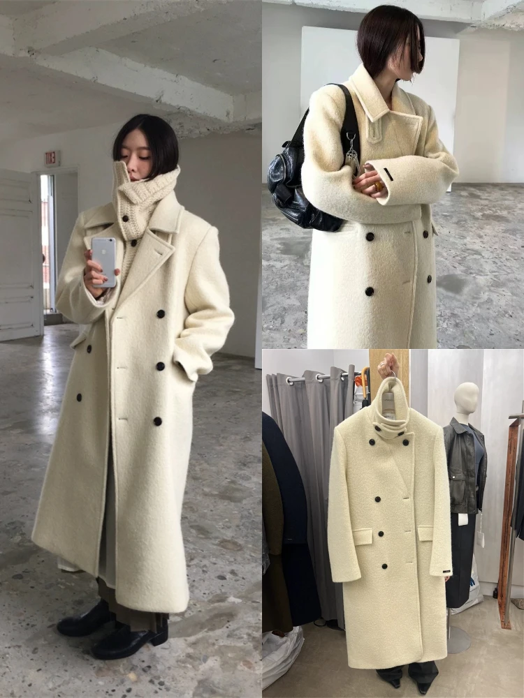   معطف صوفي طويل بأزرار صف مزدوج لندن Sle ملابس خارجية عتيقة للتنقل في الشتاء لون نقي قطع مستقيمة