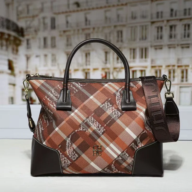 CH Luxury Plaid Women's Tote Bag Large Capacity Handbag with Gold Hardware Detachable Shoulder Strap Casual Crossbody Purse view 2