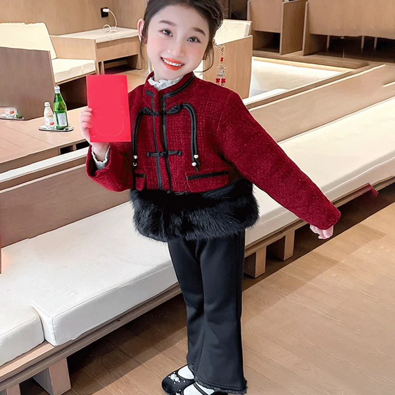 

Girl Pants Cotton-Padded Jacket Two-Piece Set Autumn Winter Coat Thicken Tops Bell-Bottoms Child Kawaii Fashion Casual Clothing