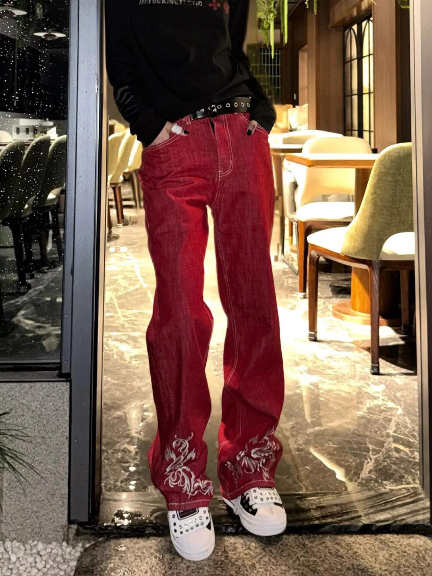 Jeans Women Red Vintage High Waisted Straight Denim Trouser Y2K 90s Hip hop American Streetwear Wide Leg Classic Denim Pants