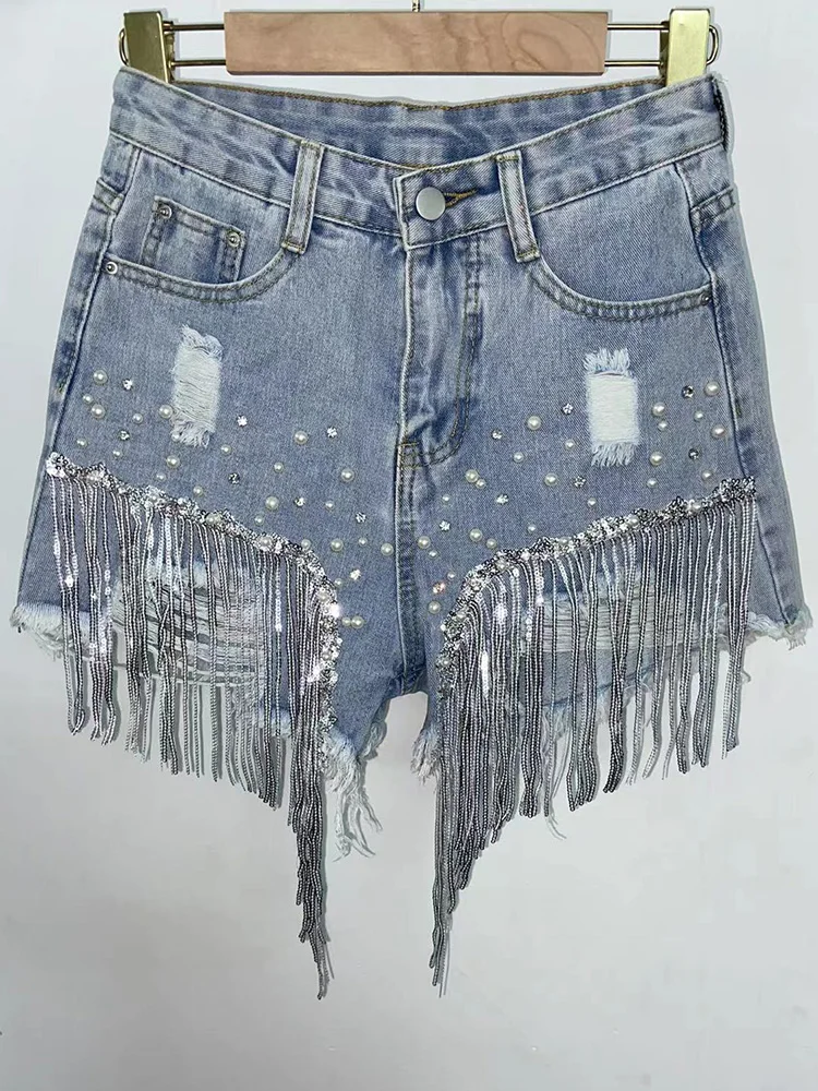 Waist Beads Tassel Women\'s Denim Shorts Summer Beading Wide Leg Thin Oversized Jeans S-5xl Size Korean Streetwear Women Clothes