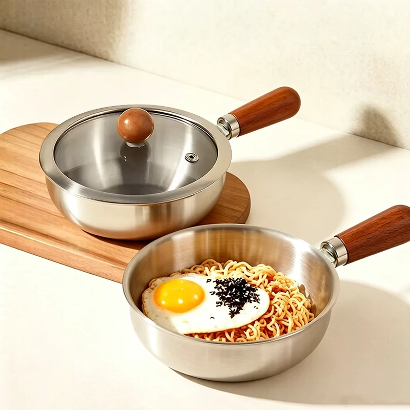 1pc Stainless Steel Milk Pot with Heat-Resistant Wooden Handle, Induction Compatible, Non-Slip Base for Even Heat Distribution