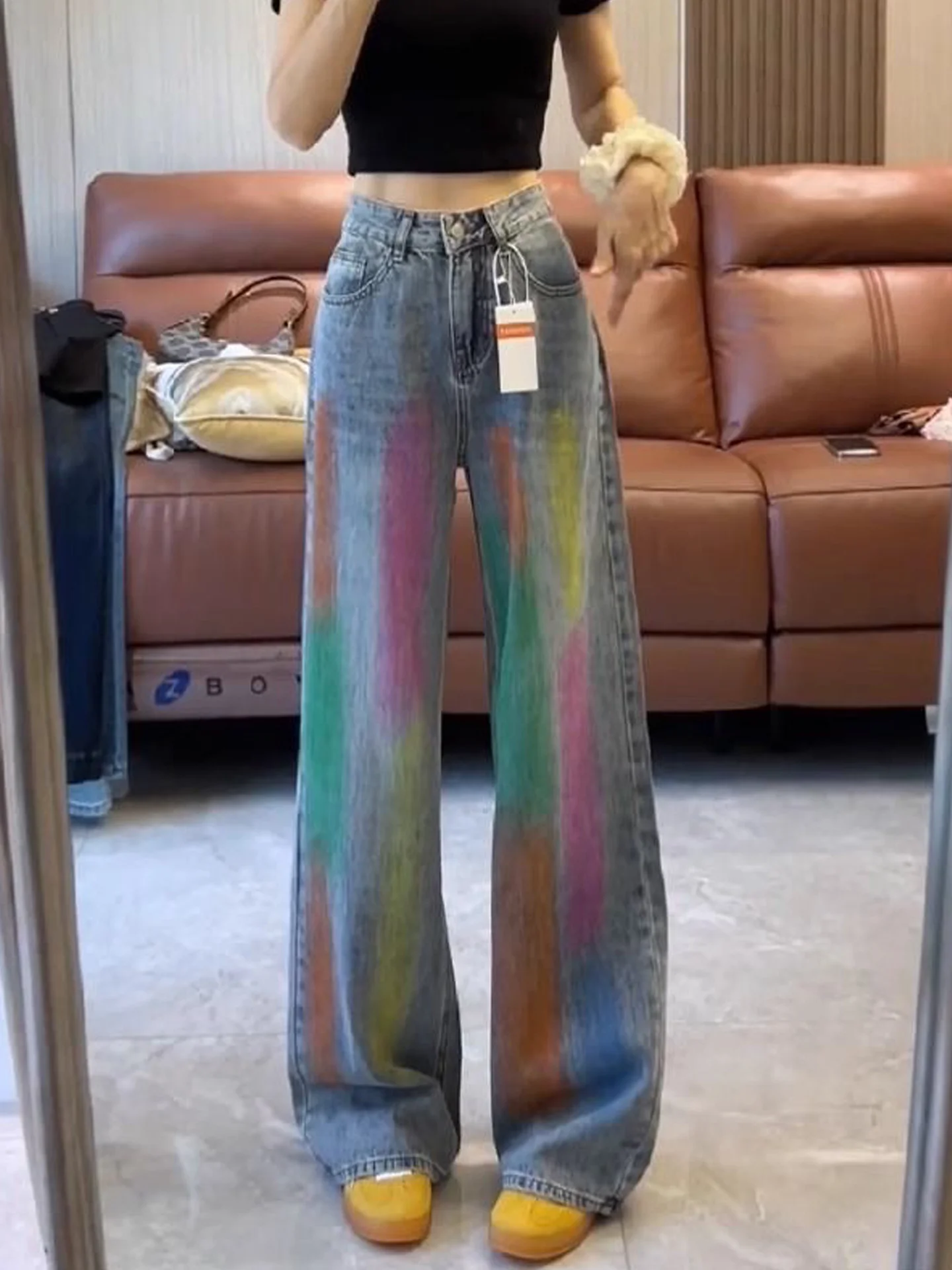 American Retro Rainbow Graffiti Wide Leg Jeans Women's High Waist Loose Slim Straight Floor-Length Pants Casual Denim