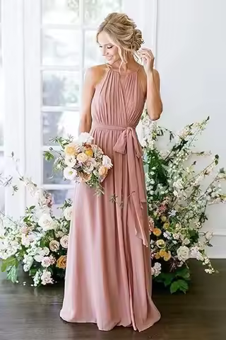 Long Halter Bridesmaid Dress Women's Wedding Guest Dresses Sleeveless Chiffon Formal Evening Dress