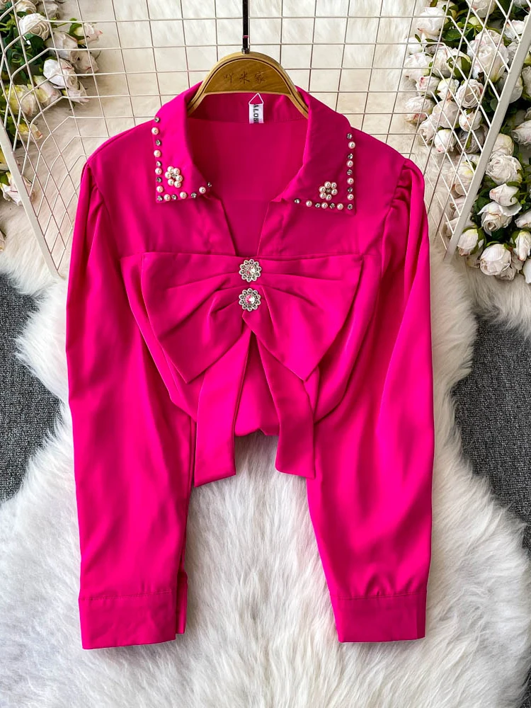 

Spring Autumn Women's Diamond Studded Lapel Long Sleeved Blouse Fashionable Sweet Elegant Bow Turn-Down Collar Shirt Top C328