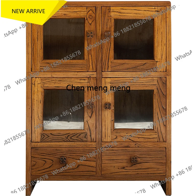 

M138 Ancient Elm Sentiment Old Elm Solid Wood Sideboard Country Style Six-Door Glass High-Low Storage Display Cabinet with Drawe