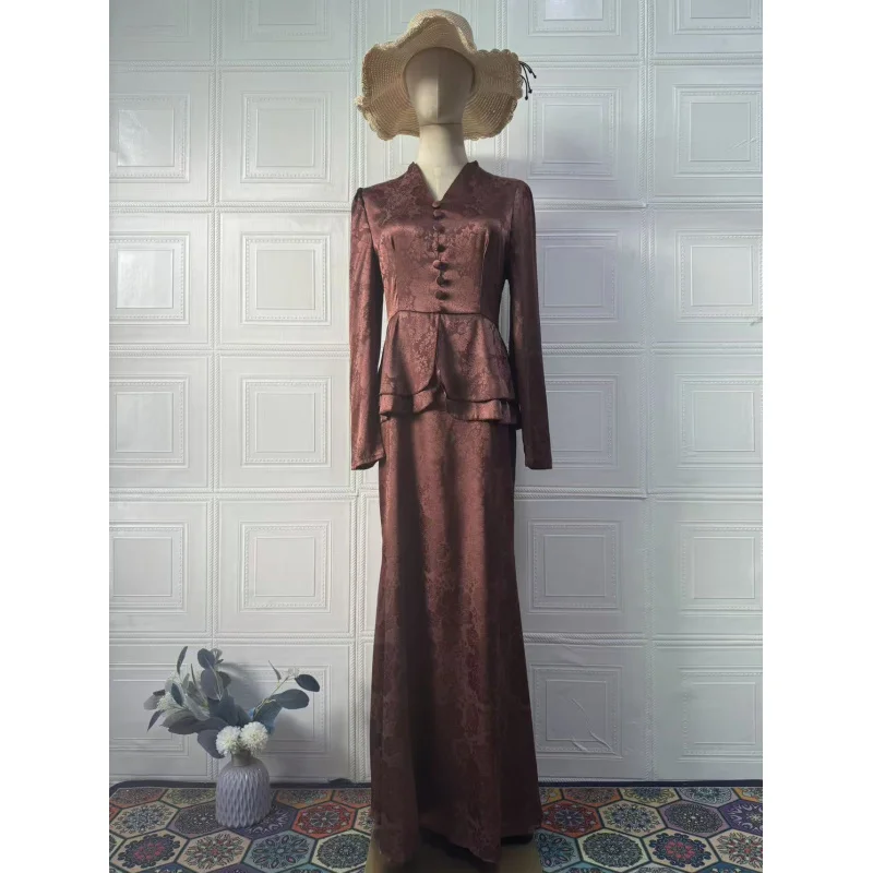 2025Spring vintage elegant temperament long-sleeve top slim-fit long dress for women