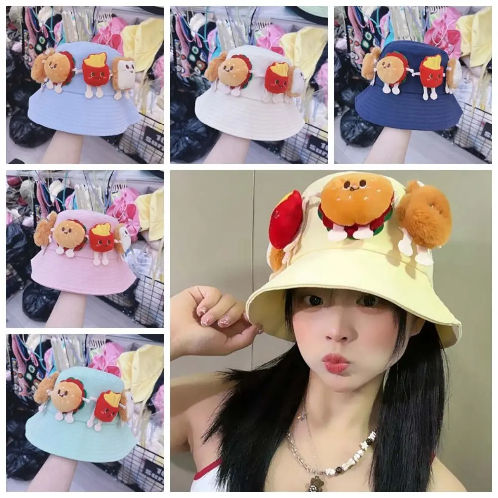

Breathable Sunscreen Basin Cap Adjustable Wide-Brimmed Hamburger Fisherman Hat Bread Plush Doll Cartoon Sunshade Hat Travel