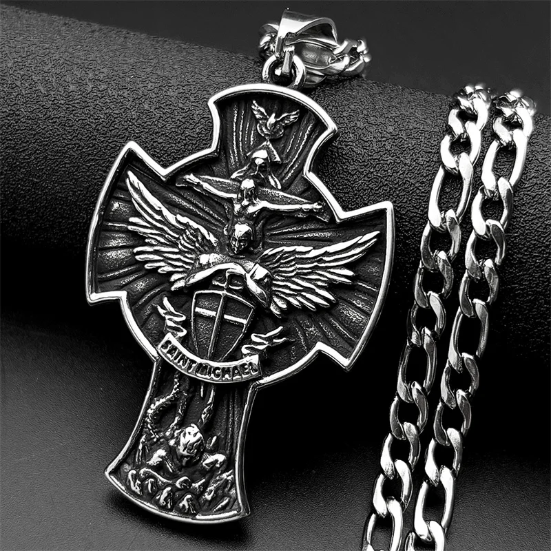خمر رئيس الملائكة سانت مايكل يسوع الصليب قلادة قلادة للرجل الفولاذ المقاوم للصدأ أجنحة الملاك درع سلسلة تميمة المجوهرات #5