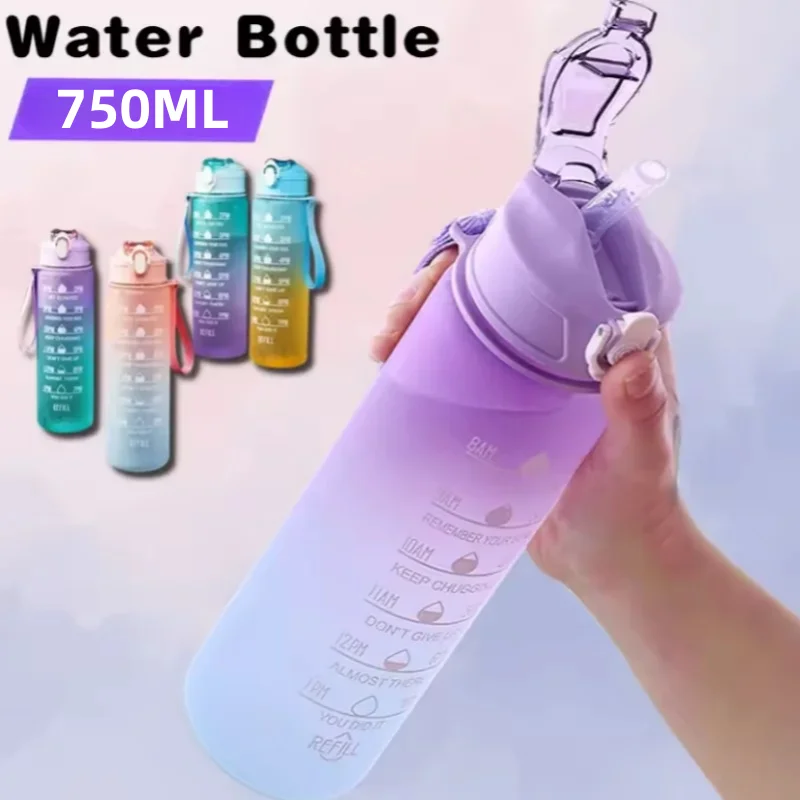 Botella de agua deportiva de 750ML con marcador de tiempo, taza a prueba de fugas, botella de agua portátil motivacional para deportes al aire libre, Fitness, sin BPA
