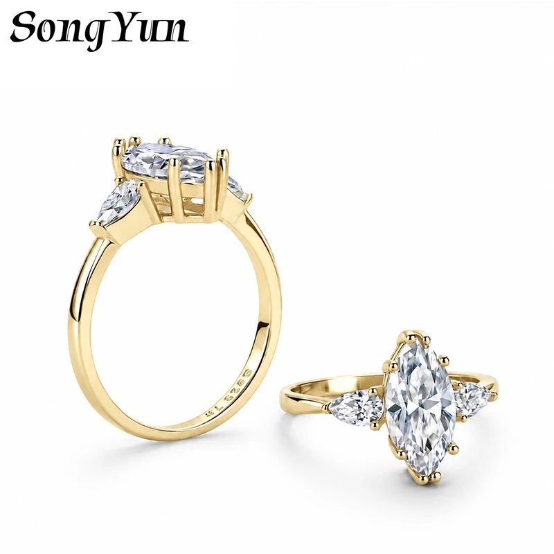 SONGYUN Moissanite Diamond Jewelry Womens S925 Sterling Silver Three Stone Marquise Full Moissanite Solid Band Ring