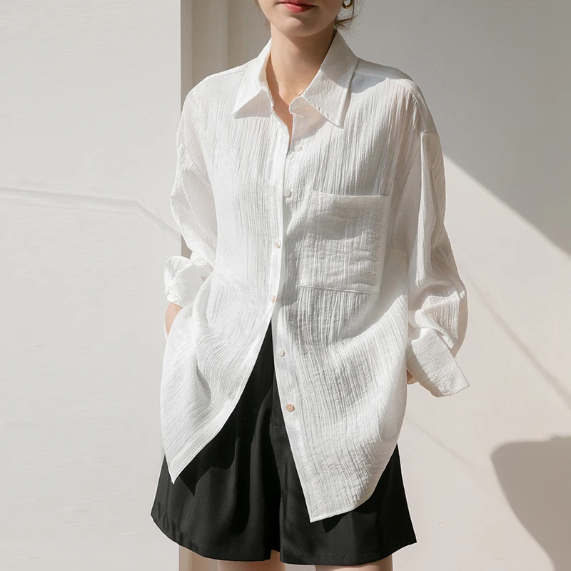 

Summer One Pocket White Women's Blouses 2025 New Long Sleeve Single Breasted Korean Office Lady Casual Loose Shirts Female
