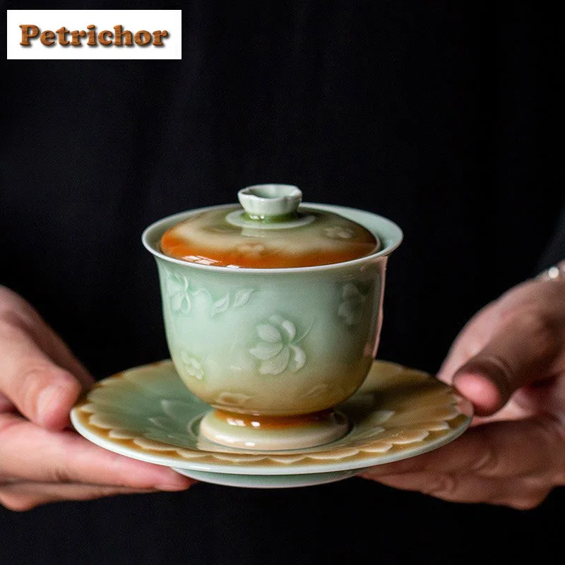 

150ml Celadon Handmade Relief With Flowers Gaiwan Luxury Tea Tureen Tea Bowl With Lid Kit Tea Making Cover Bowl Cafes Craft Gift