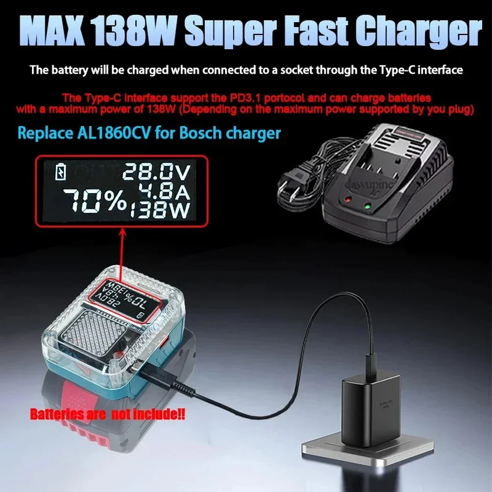 Adaptador de bateria 18v tipo-c, carregador rápido, portas usb duplas, proteção contra sobretensão, carregador de proteção contra sobretensão