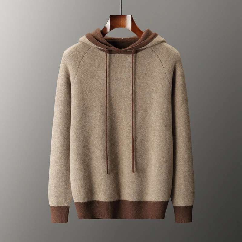 Choice Autumn Winter Men Cashmere Hooded Sweaters Casual Pullover Long Sleeve 100% Cashmere Knitwear Color Block Thick Clothes