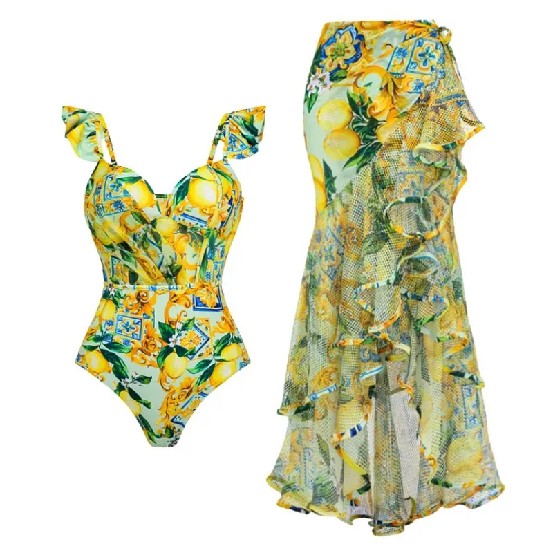 One Piece Swimsuit For Women European And American One-piece Swimsuit Ruffle Edge Mesh Splicing Lemon Print Swimsuit Suit Women