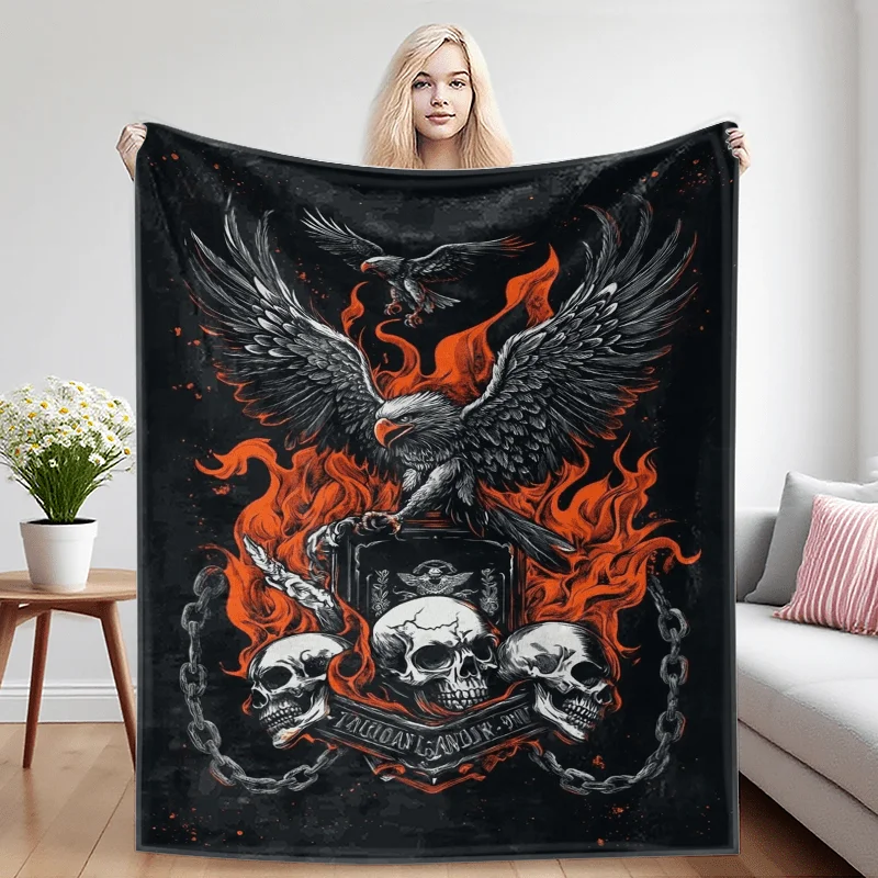 Gothic Raven Skull Fire Wings Throw Blanket for Man Woman Halloween Decor Grunge Art Tapestry