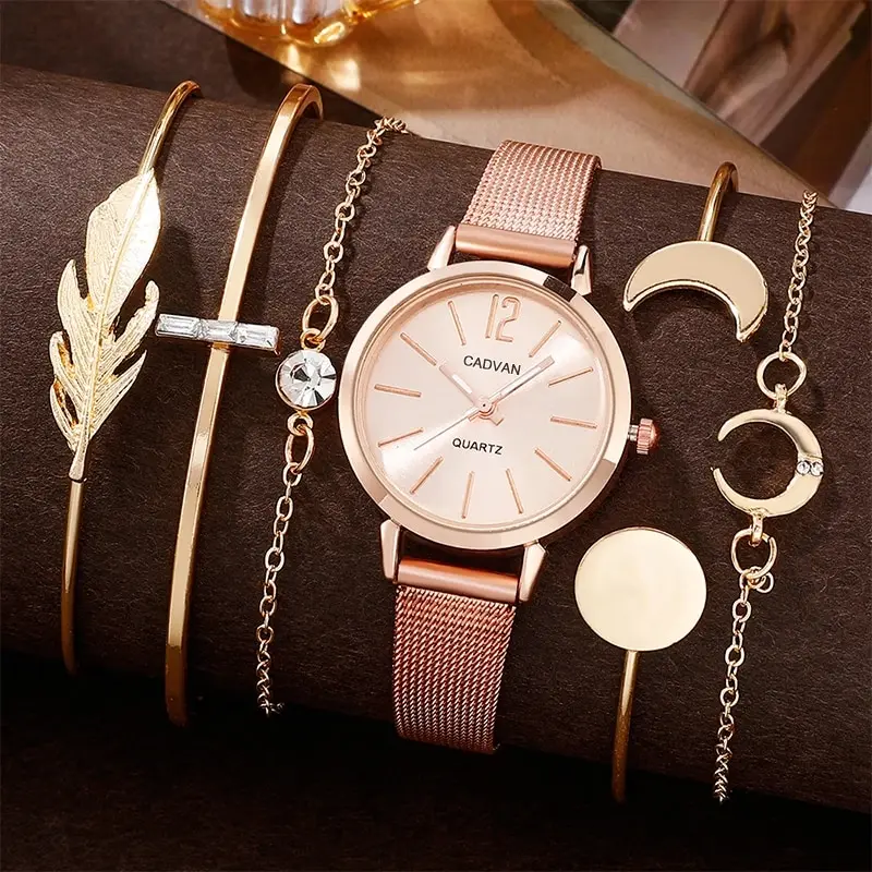 

Rose Gold Quartz Watch With Bracelet For Women Casual Fashion Round Simple Watch Dainty Wheat Bracelets Set Montre Femme