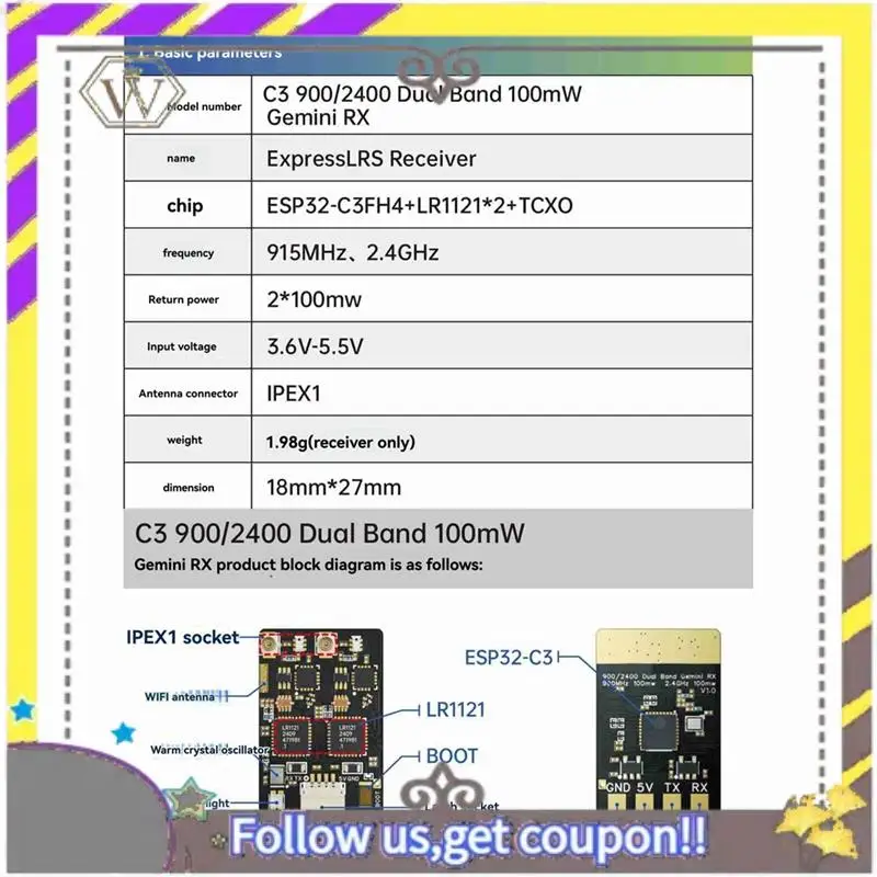 New ELRS Receiver 915M/2.4G Dual-Band 100Mw Gemini Receiver RX Module ESP32-C3 Chip Forrc FPV Traversing Drones Parts
