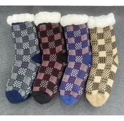 Thermal Mens Socks fuzzy Winter Warm Plaid Short Cotton Thickened Home Sleeping Soft Anti slip Floor Sock Male Gifts 2025 New