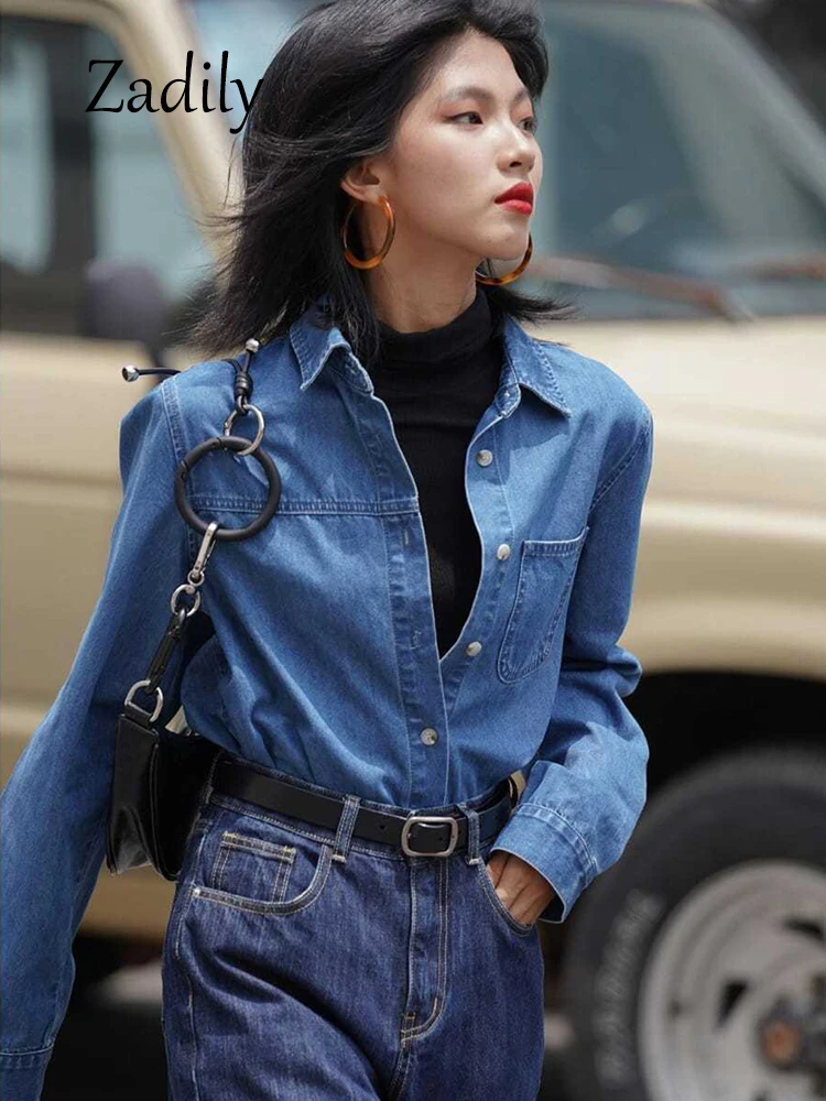 Zadily 2023 Spring Vintage Long Sleeve Women Denim Shirt Korea Style Button Up Solid Color Woman Tunic Loose Blouse Female Tops