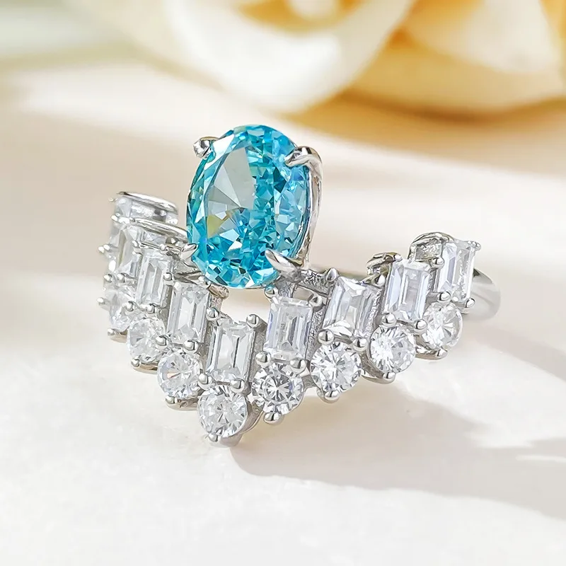 New High Carbon Diamond Ring with 925 Full Body Set 6 * 8 Paraiba European and American Light Luxury Women's Ring