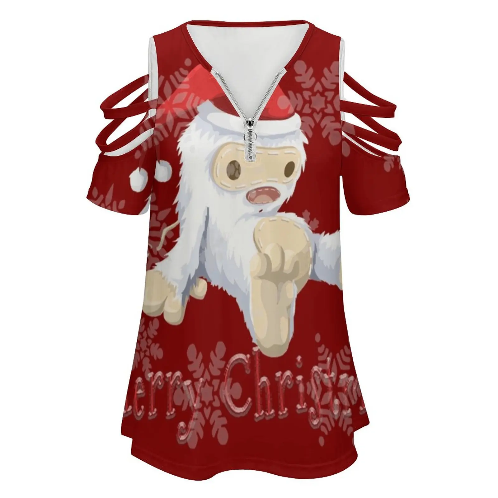 Merry Christmas Women's T-Shirt New Fashion Printed Zipper V-Neck Short Sleeve T Shirts Casual Plus Size Merry Christmas Snow