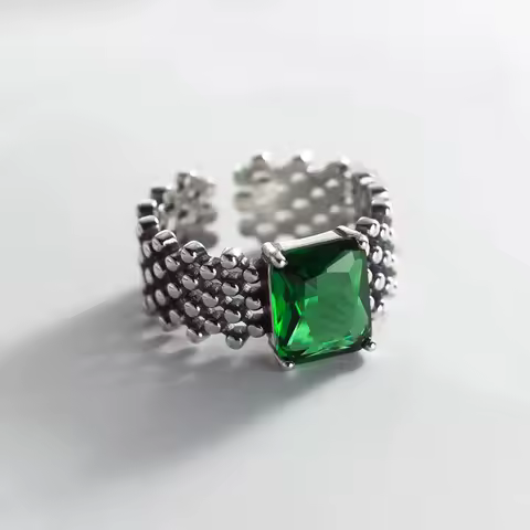 Original Jewelry Retro Green Crystal Thai Silver Ladies Ring For Women Christmas Gifts No Fade