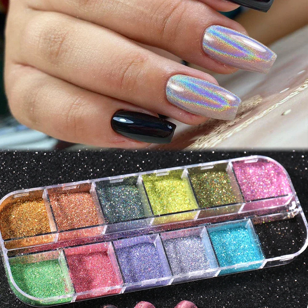 Zestaw pudrów holograficznych Holo Silver Rub Dust Black Pink Chrome Nail Glitter Powder Laser Pigment do paznokci DIY Manicure CHI--1