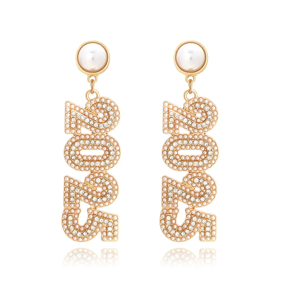 Crystal Studded New Year 2025 Earrings Exaggerated Long Digital Pearl Number Earring for Girl Women