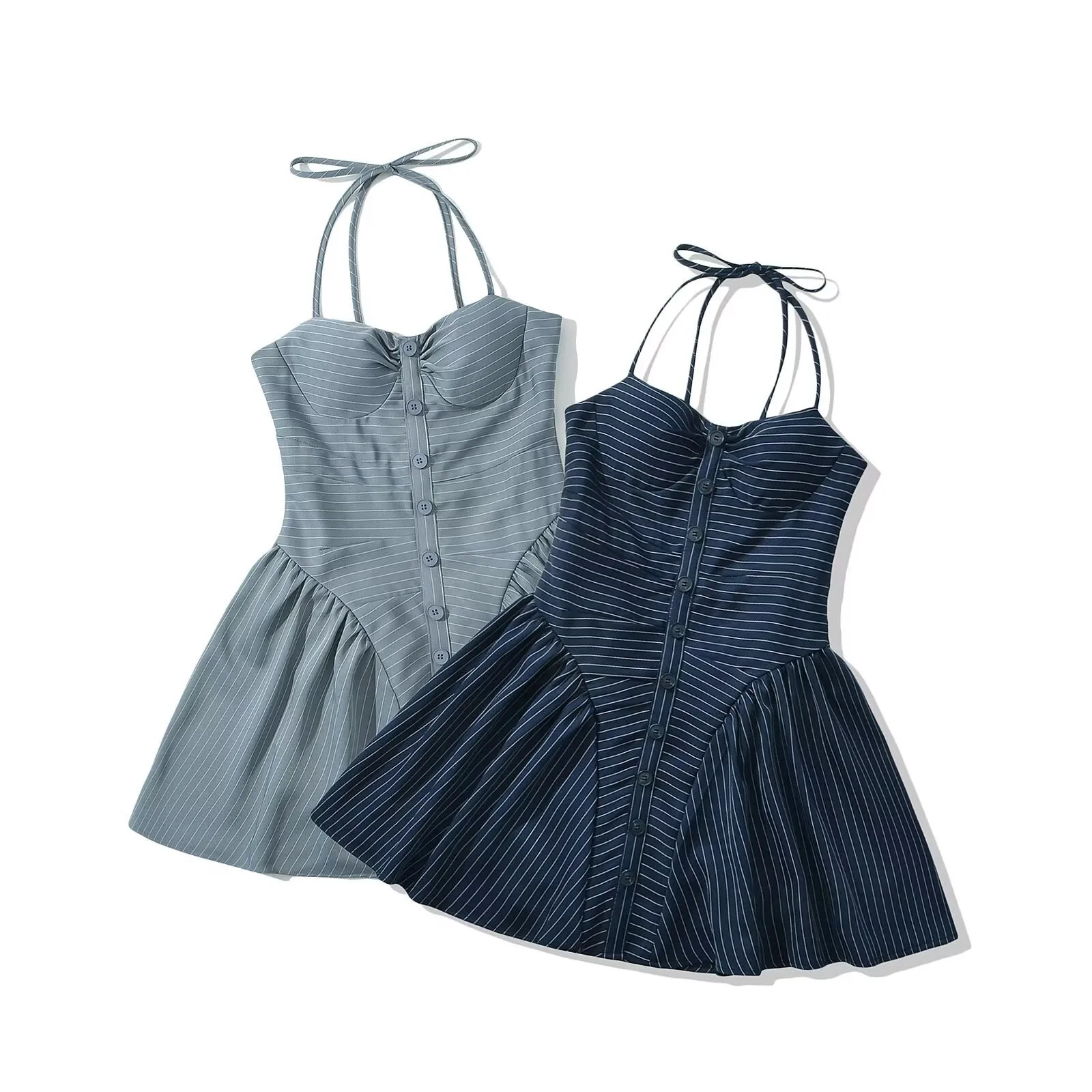 Nieuwe dameskleding Europese en Amerikaanse hals gestreepte single-breasted nauwsluitende jurk korte rok