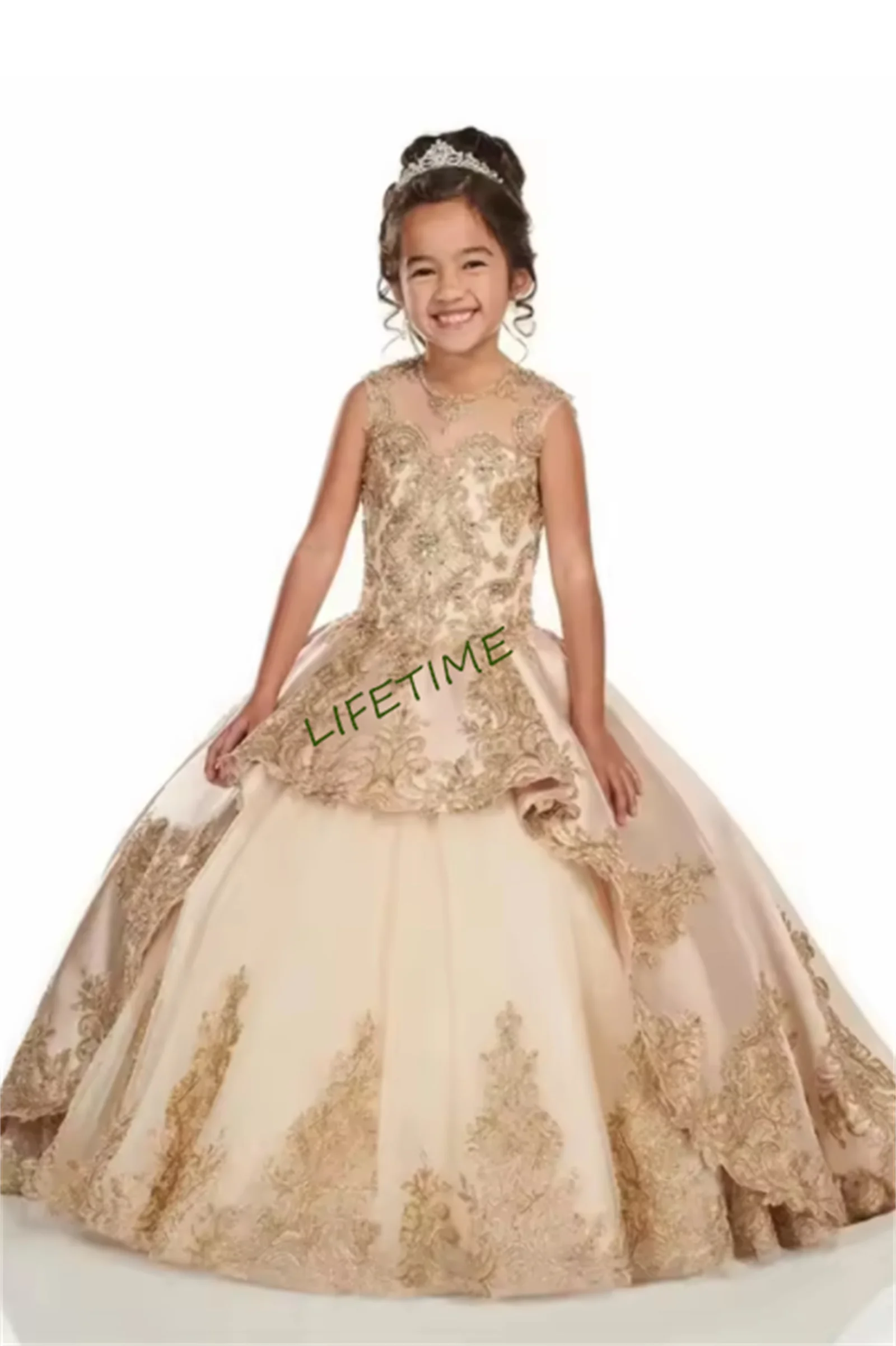 فستان فتاة الزهور الرائع فساتين Quinceanera الذهبية ثوب حفلة لطيف تول يزين مطرز لحفلات الزفاف فساتين السهرة #2