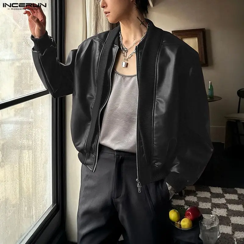 

INCERUN Men Jackets PU Leather Patchwork Stand Collar Long Sleeve Zipper Coats Men Streetwear Loose Punk Style Fashion Jackets