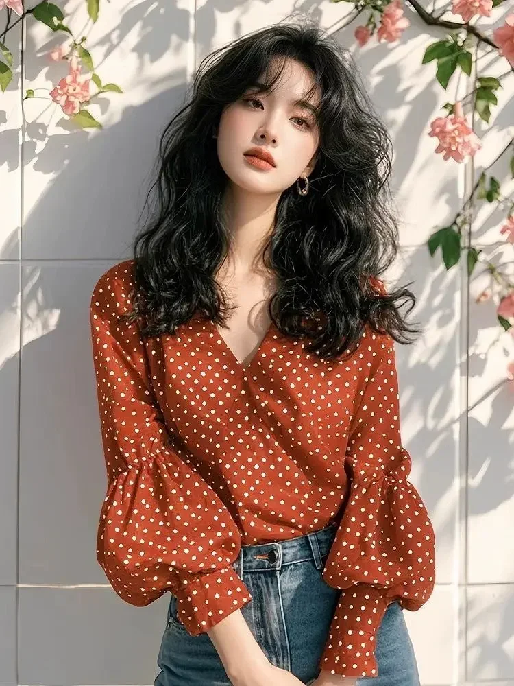 

Red Women Shirts&blouses Lantern Sleeve Spring Summer Polka Dot Blusas Mujer Vintage Korean Style Sweet Camisas